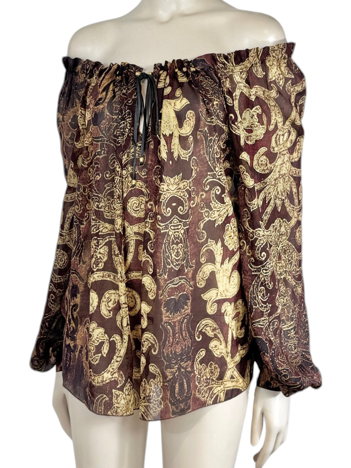 Roberto Cavalli Fall 2004 Silk printed blouse gold and burgundy