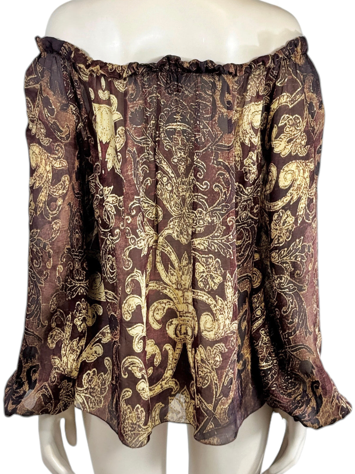Roberto Cavalli Fall 2004 Silk printed blouse gold and burgundy