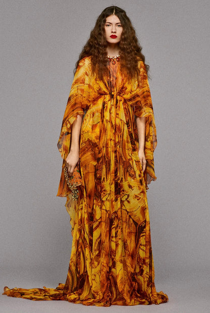 Roberto Cavalli Fausto Puglisi Prefall 2025 Look 24 Maxi chiffon cape dress