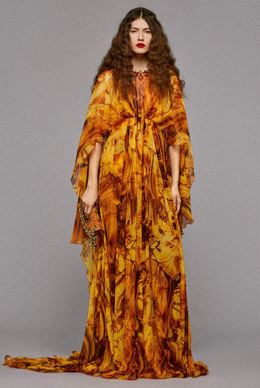 Roberto Cavalli Fausto Puglisi Prefall 2025 Look 24 Maxi chiffon cape dress