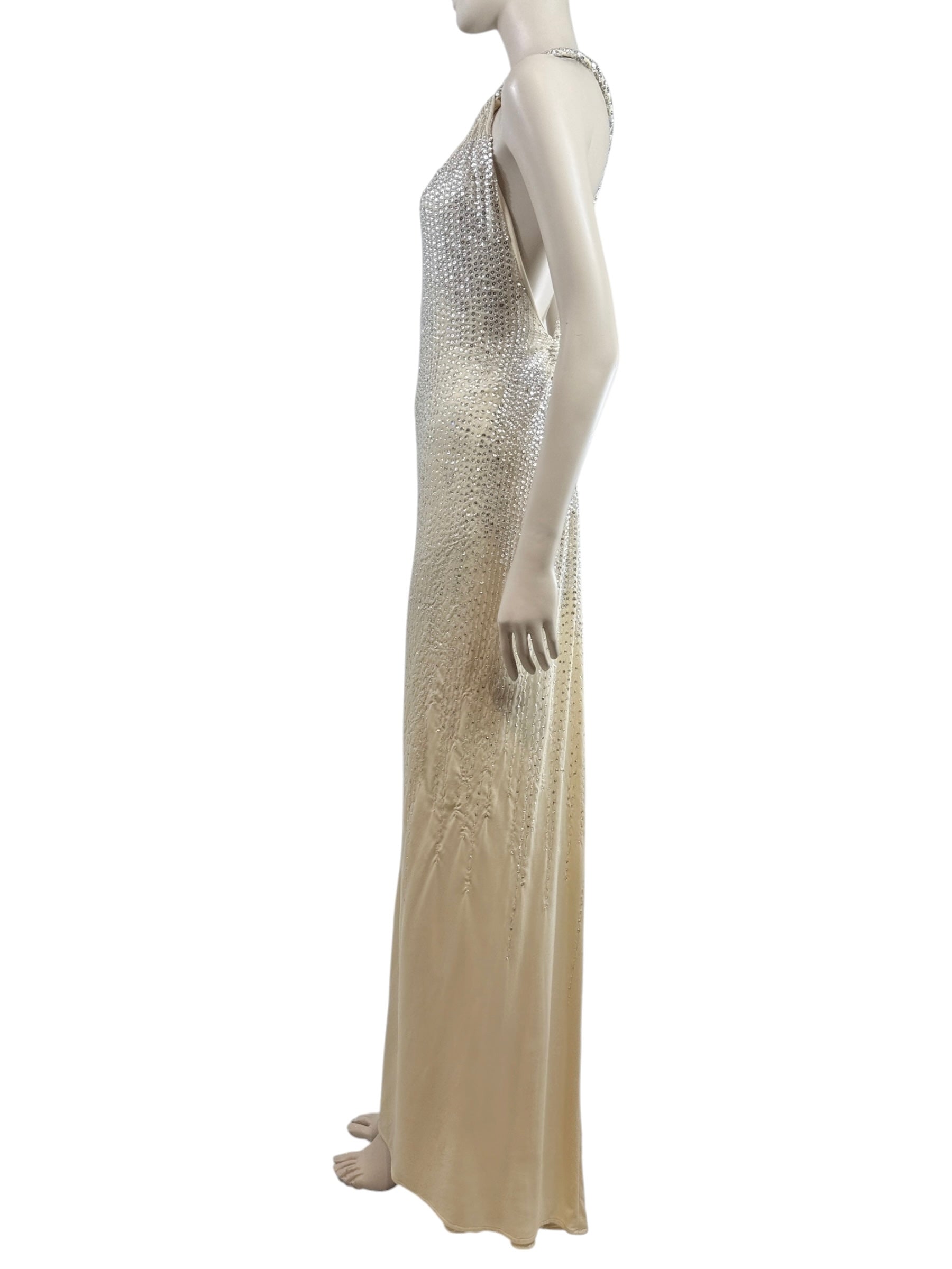 Roberto Cavalli Maxi crepe ecru dress embroidered sequin