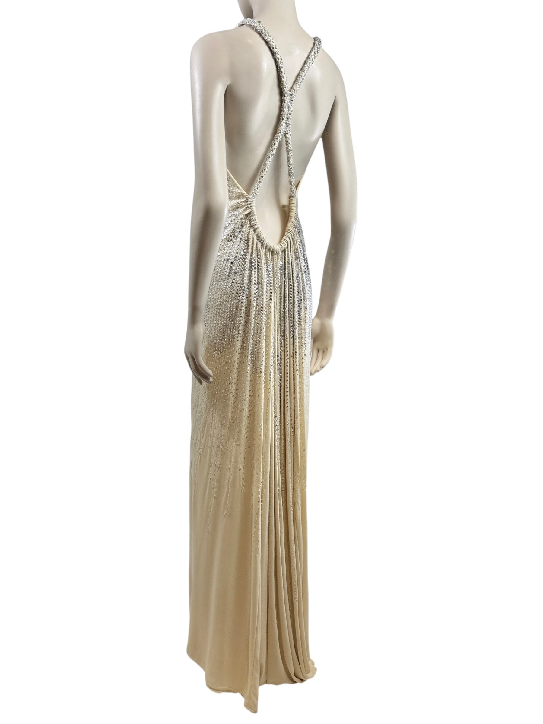 Roberto Cavalli Maxi crepe ecru dress embroidered sequin
