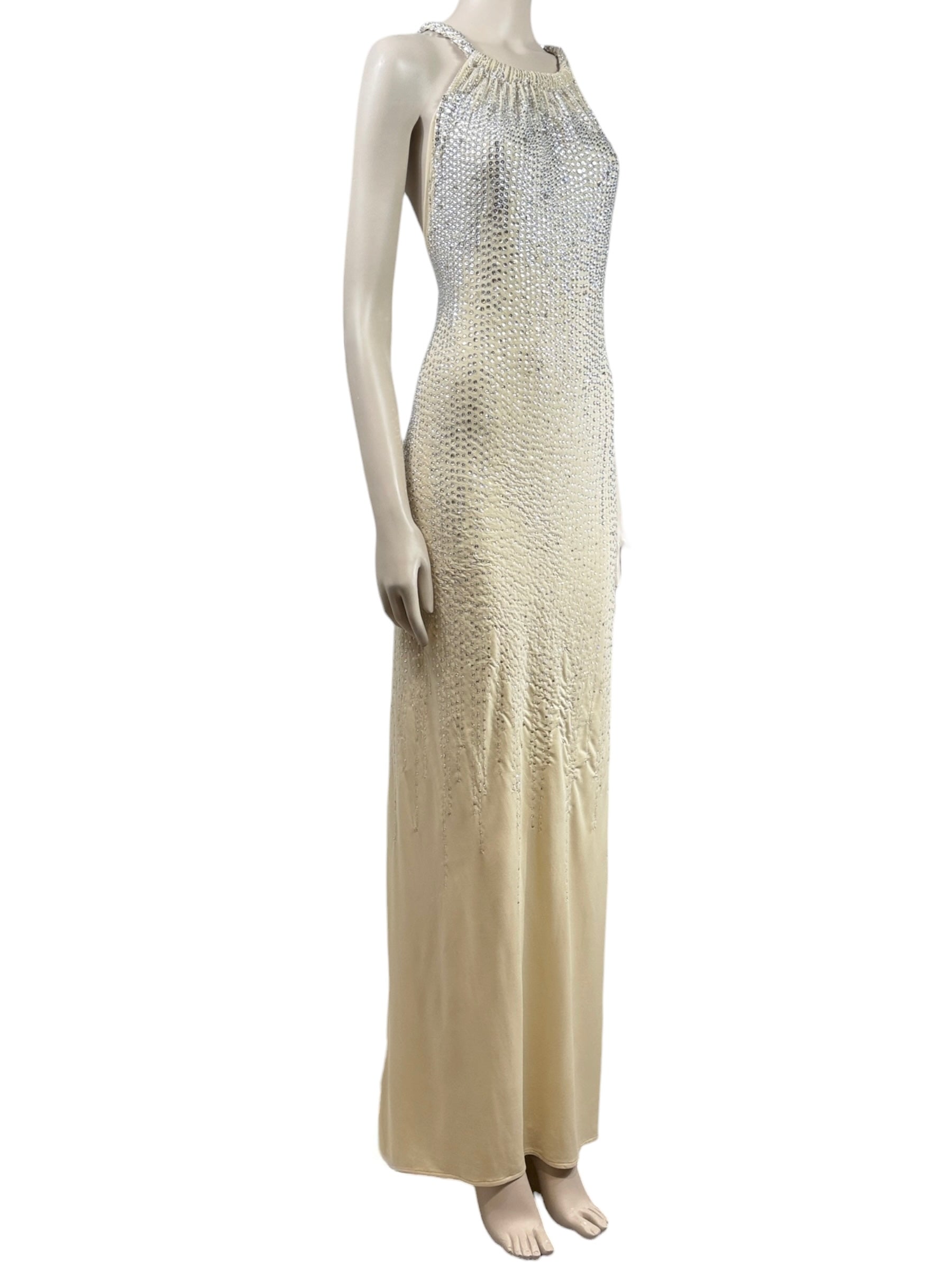 Roberto Cavalli Maxi crepe ecru dress embroidered sequin