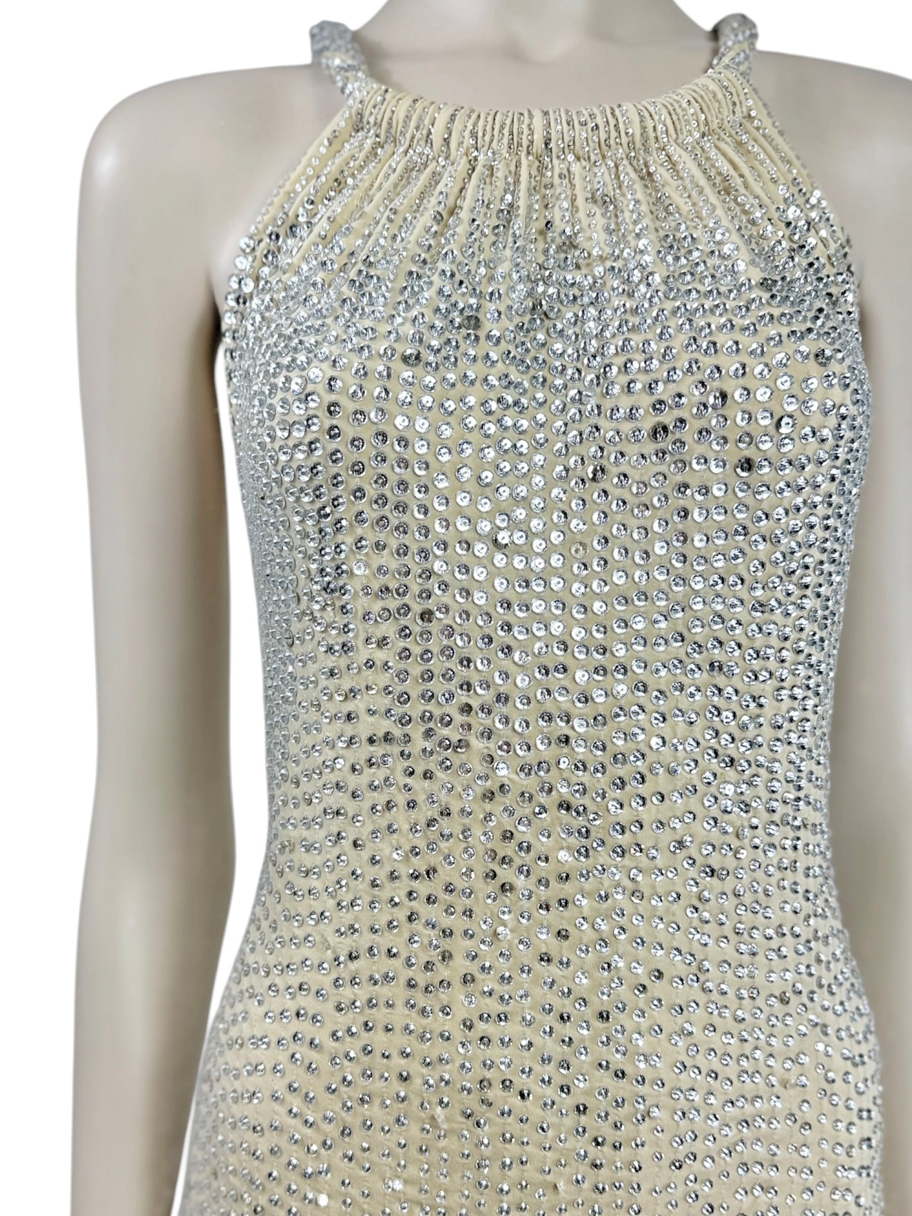 Roberto Cavalli Maxi crepe ecru dress embroidered sequin