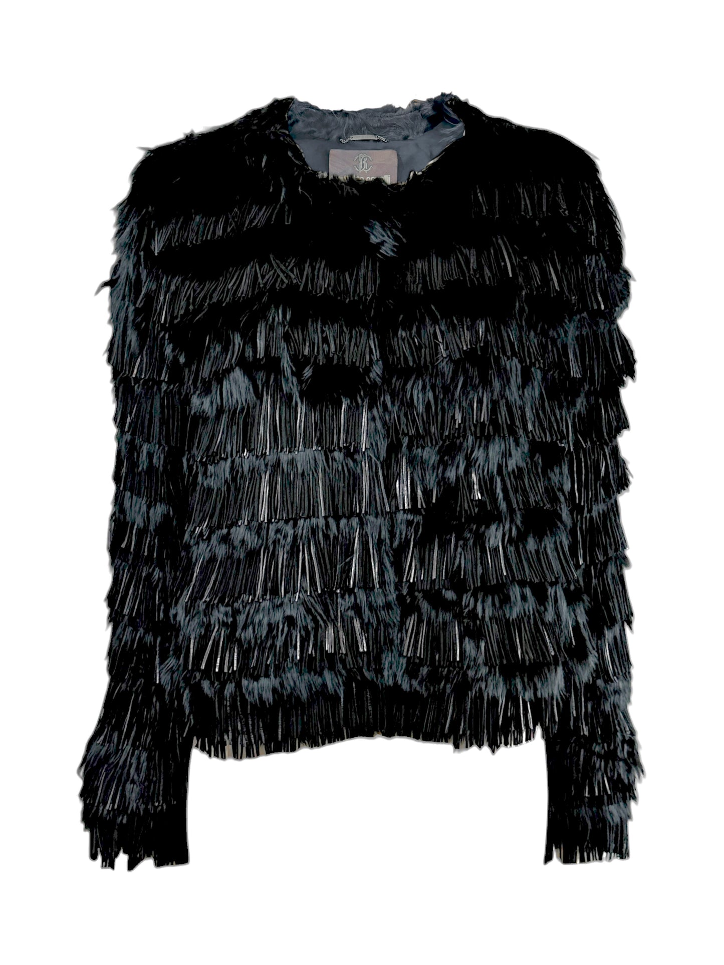 Roberto Cavalli Prefall 2013 Black fringed lambskin and llama jacket