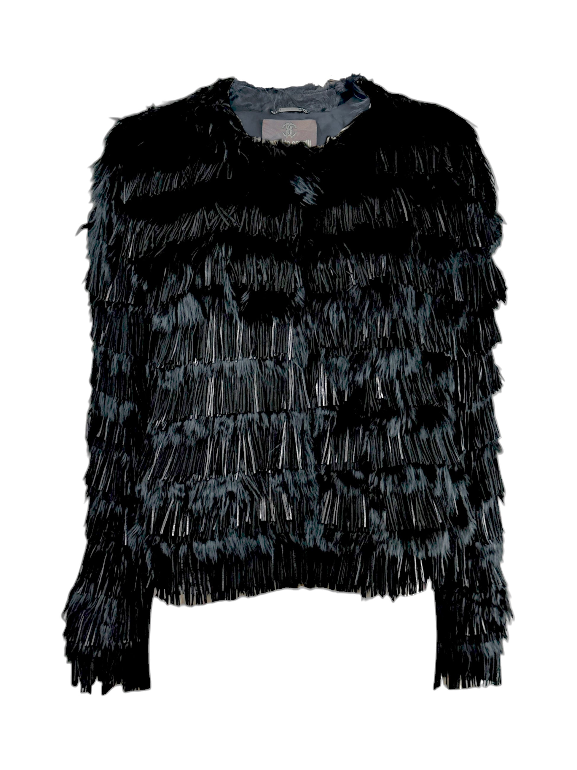Roberto Cavalli Prefall 2013 Black fringed lambskin and llama jacket