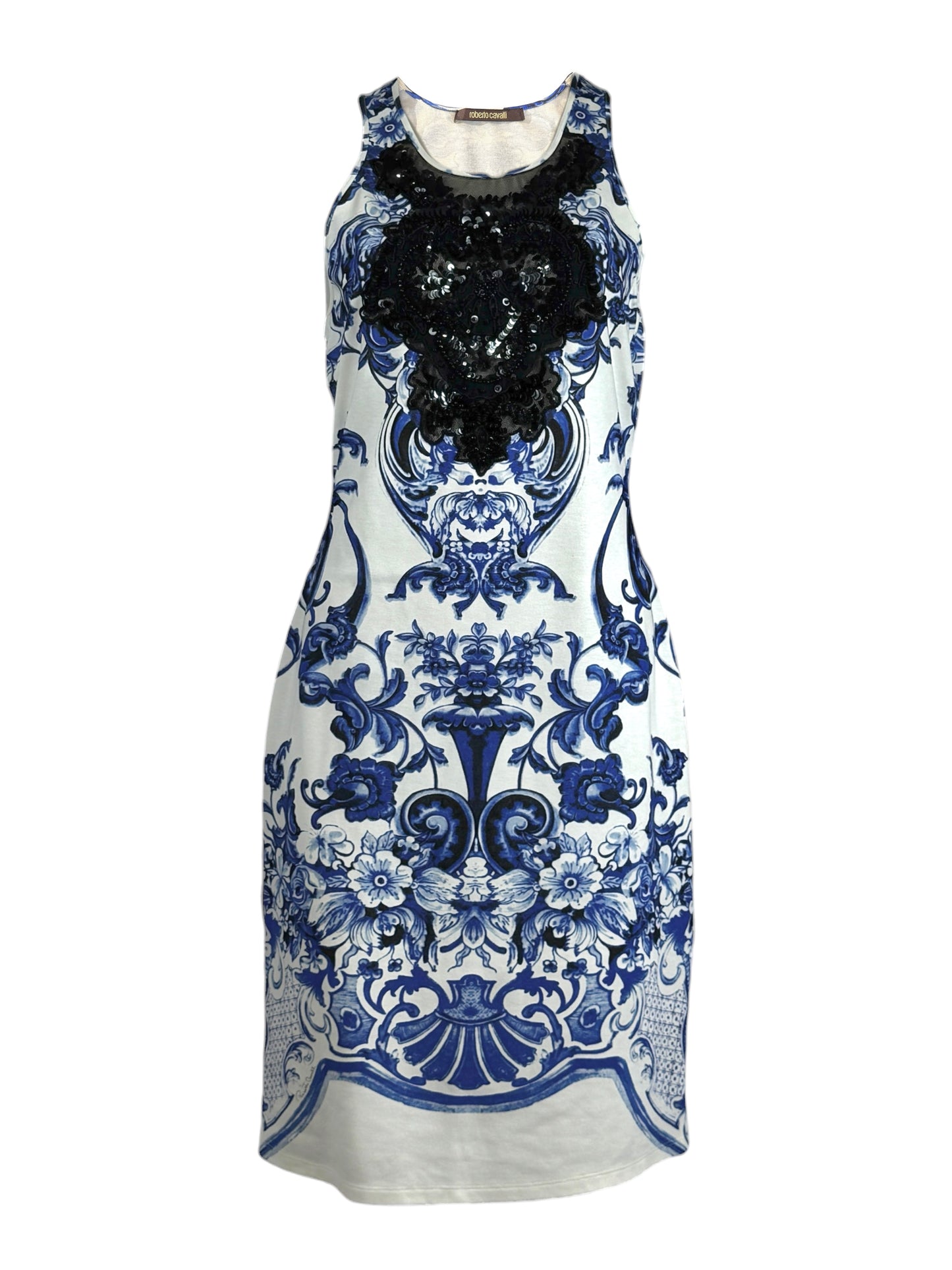 Roberto Cavalli Resort 2013 jersey white blue printed dress