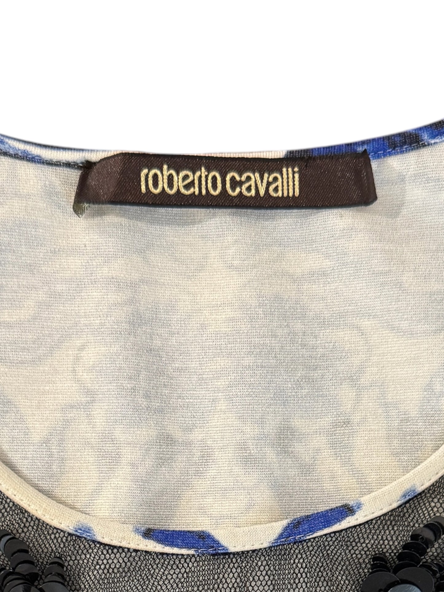 Roberto Cavalli Resort 2013 jersey white blue printed dress