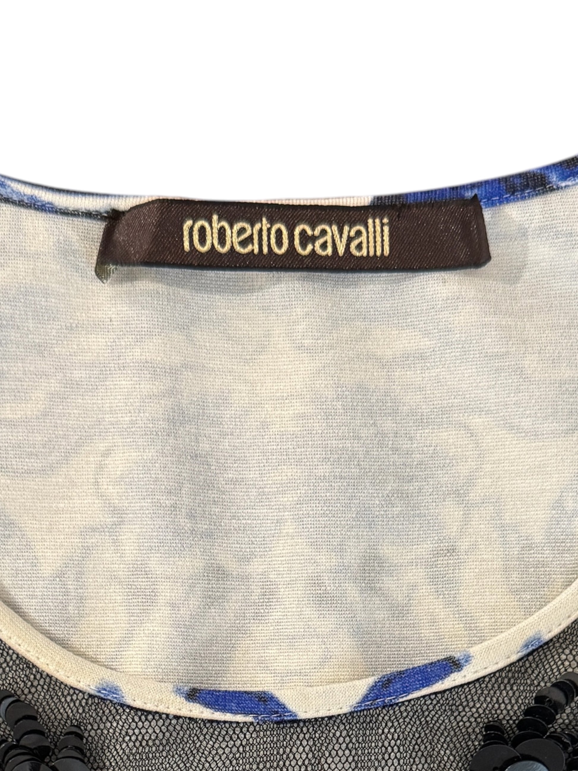 Roberto Cavalli Resort 2013 jersey white blue printed dress