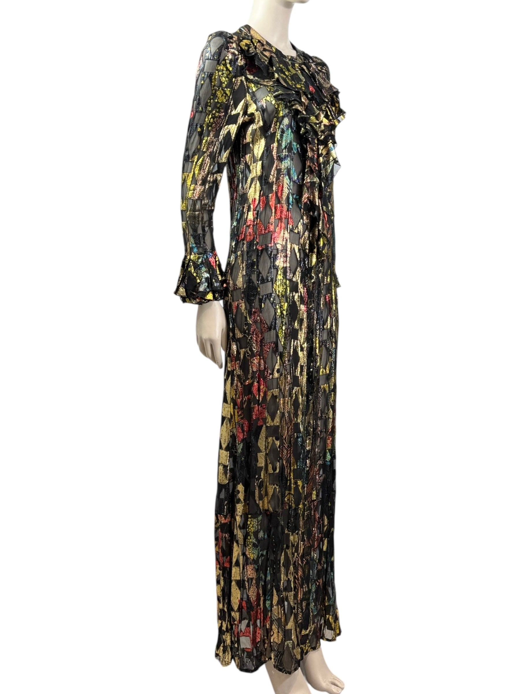 Roberto Cavalli Spring 2016 long ruffle silk lurex multicolor dress