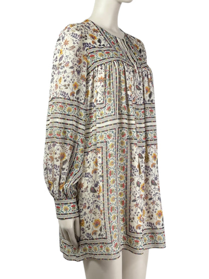 Saint Laurent  Hedi Slimane - Resort 2015  - Mini dress in ecru silk crepe printed with a multicoloured floral motif