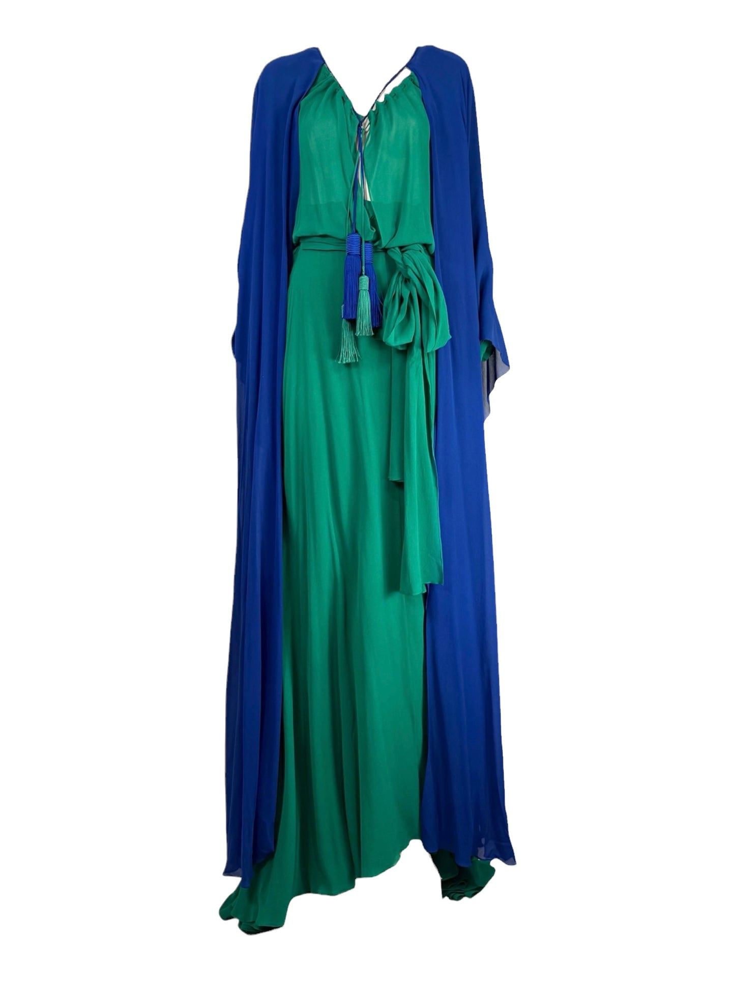 Saint Laurent  Hedi Slimane - Spring/Summer 2013 - Look 64 - Silk crepe ensemble consisting of a long emerald dress and a blue cape, embellished with tassels