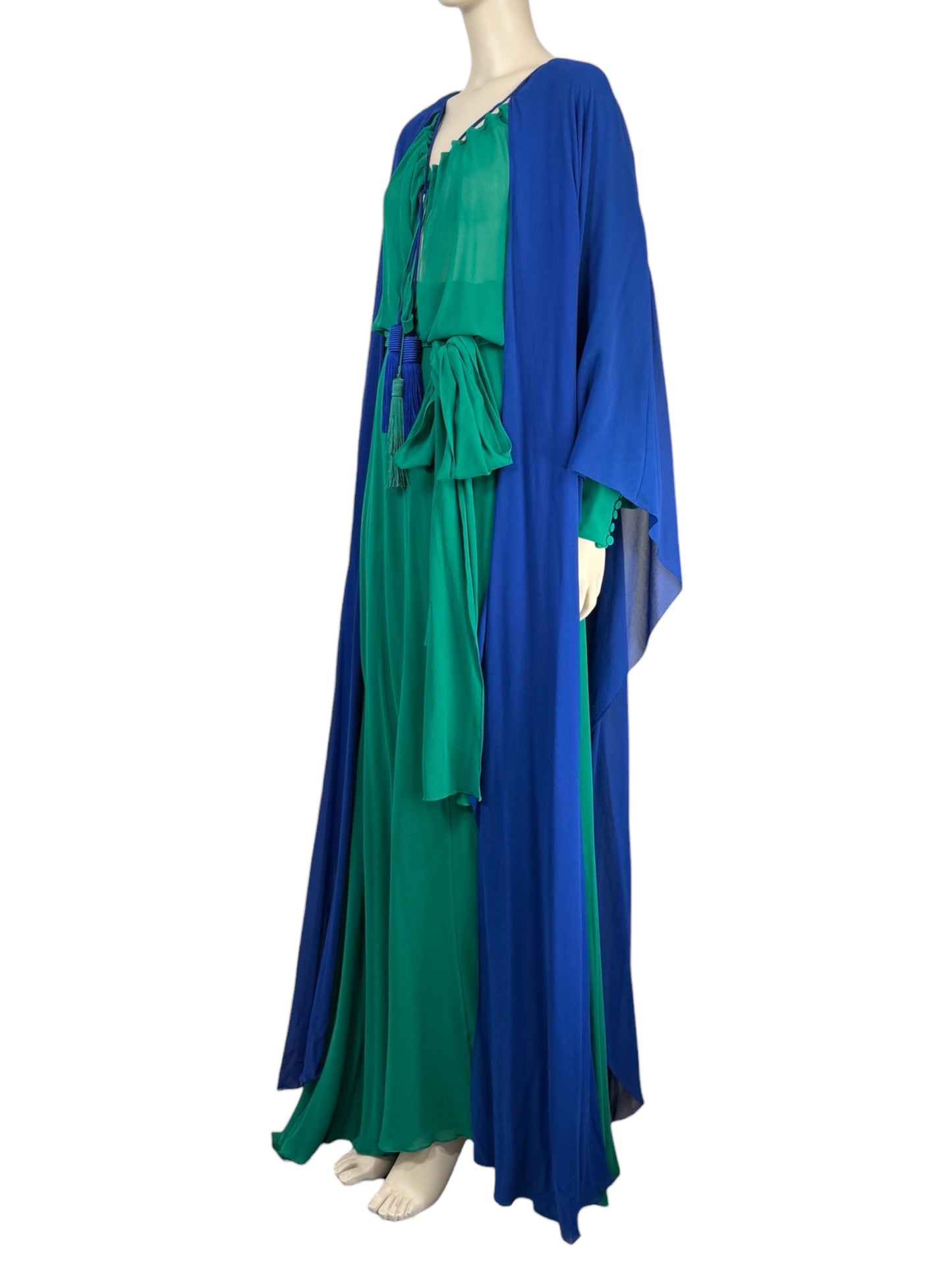 Saint Laurent  Hedi Slimane - Spring/Summer 2013 - Look 64 - Silk crepe ensemble consisting of a long emerald dress and a blue cape, embellished with tassels 1