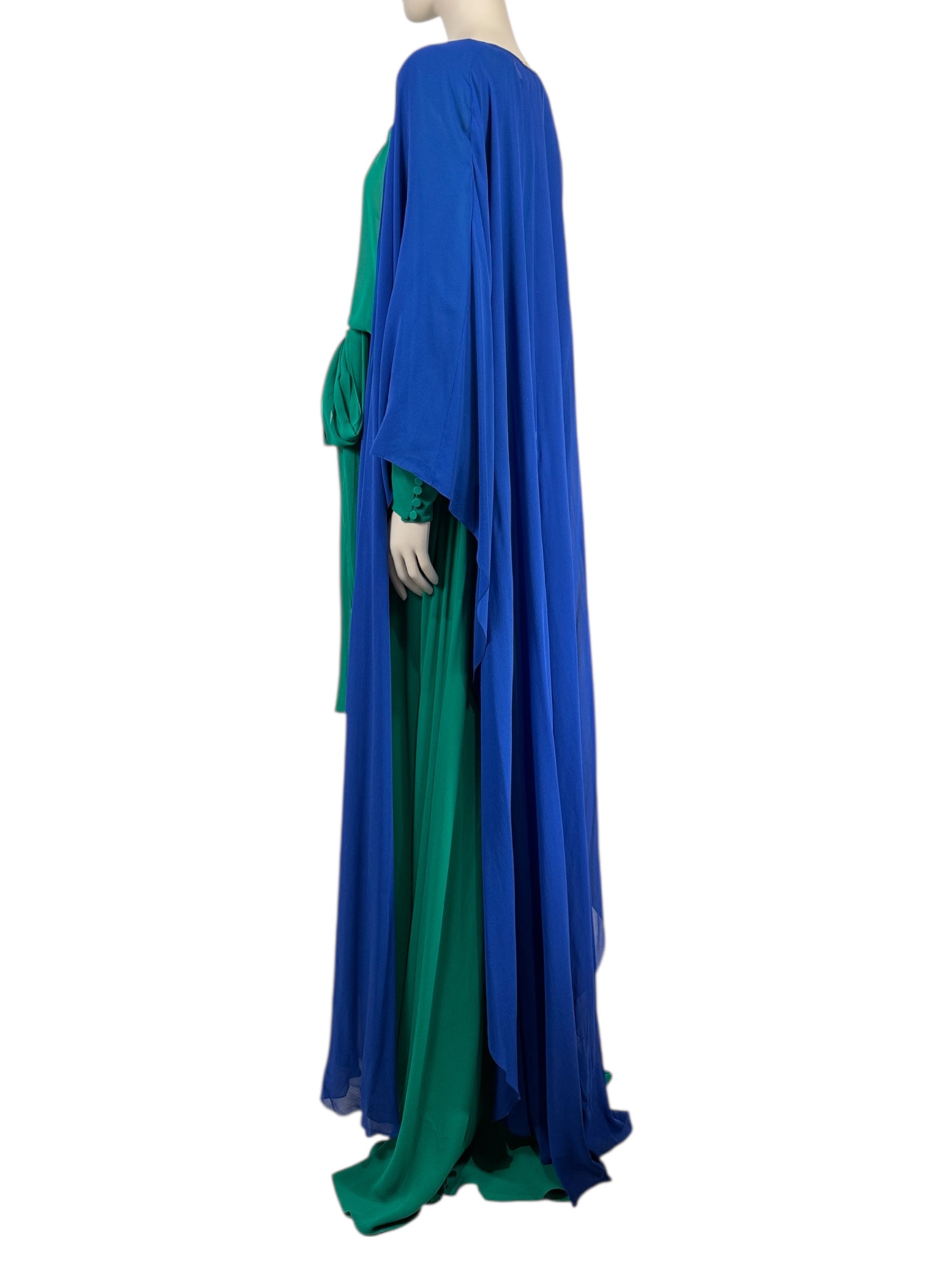 Saint Laurent  Hedi Slimane - Spring/Summer 2013 - Look 64 - Silk crepe ensemble consisting of a long emerald dress and a blue cape, embellished with tassels 2