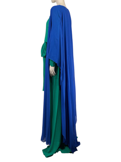 Saint Laurent  Hedi Slimane - Spring/Summer 2013 - Look 64 - Silk crepe ensemble consisting of a long emerald dress and a blue cape, embellished with tassels 2