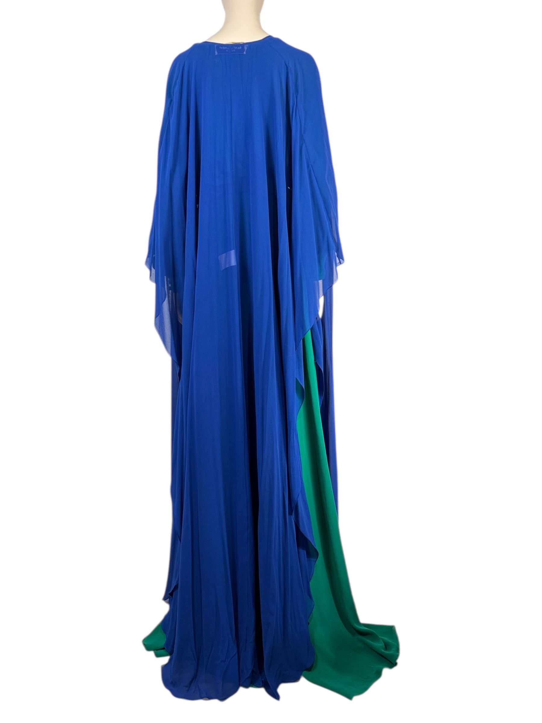 Saint Laurent  Hedi Slimane - Spring/Summer 2013 - Look 64 - Silk crepe ensemble consisting of a long emerald dress and a blue cape, embellished with tassels 3