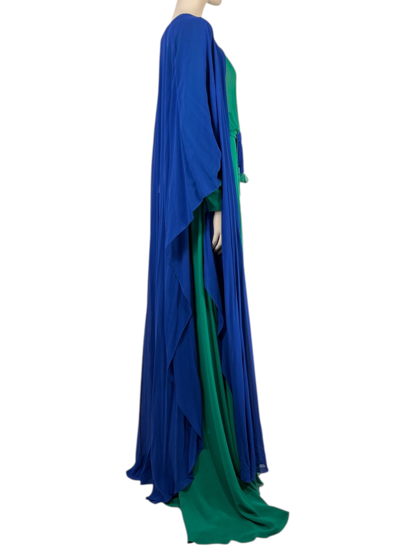 Saint Laurent  Hedi Slimane - Spring/Summer 2013 - Look 64 - Silk crepe ensemble consisting of a long emerald dress and a blue cape, embellished with tassels 4