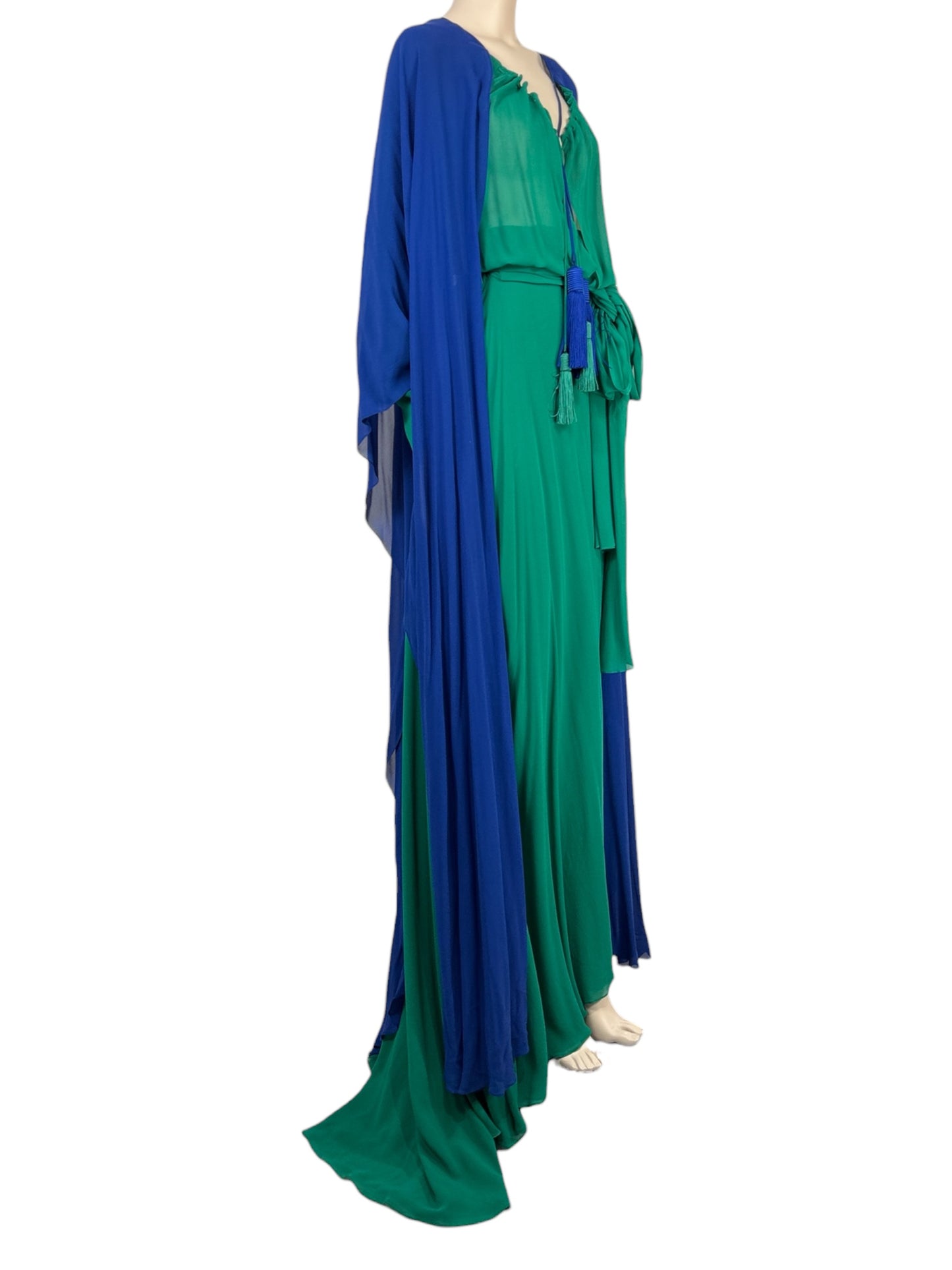 Saint Laurent  Hedi Slimane - Spring/Summer 2013 - Look 64 - Silk crepe ensemble consisting of a long emerald dress and a blue cape, embellished with tassels 5