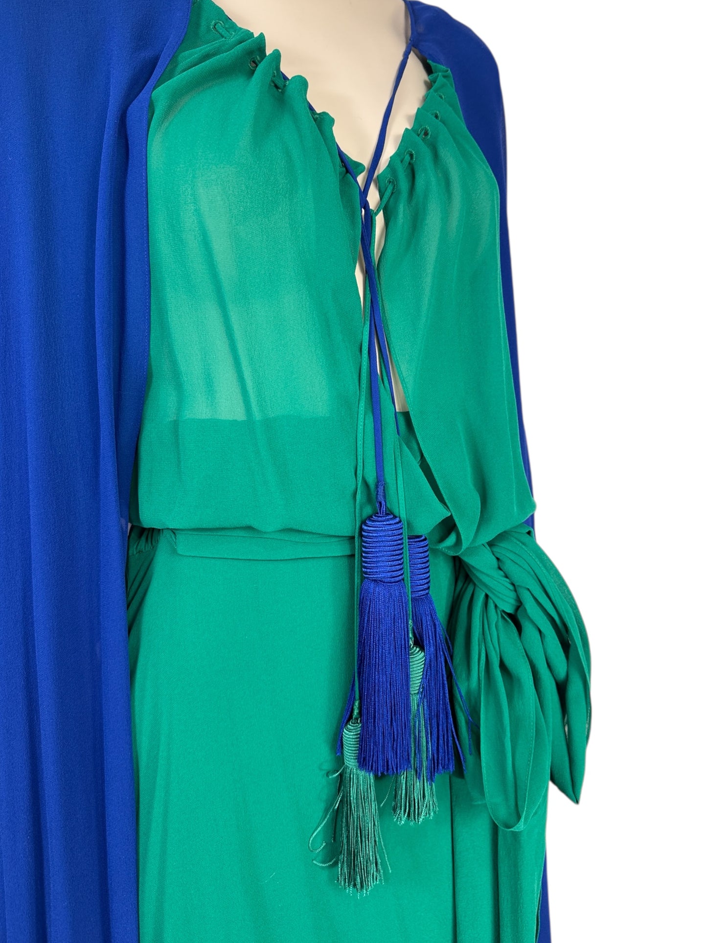 Saint Laurent  Hedi Slimane - Spring/Summer 2013 - Look 64 - Silk crepe ensemble consisting of a long emerald dress and a blue cape, embellished with tassels 6