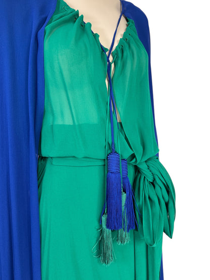 Saint Laurent  Hedi Slimane - Spring/Summer 2013 - Look 64 - Silk crepe ensemble consisting of a long emerald dress and a blue cape, embellished with tassels 6