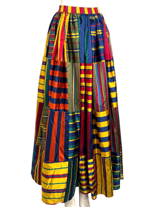 Todd Oldham circa 1990 - Long overskirt in patchwork of ottoman and multicolored striped silk