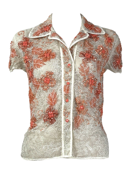 Valentino - Spring/Summer 2002  - Look 41 - Ecru lace top embroidered with coral beads