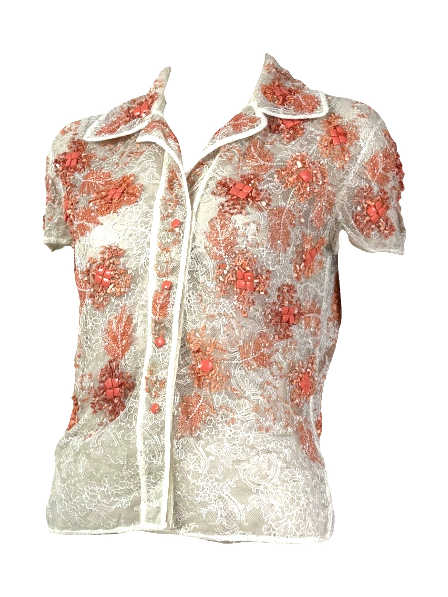 Valentino - Spring/Summer 2002  - Look 41 - Ecru lace top embroidered with coral beads