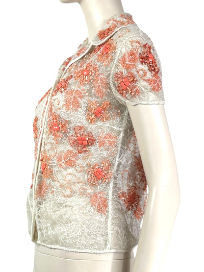 Valentino - Spring/Summer 2002  - Look 41 - Ecru lace top embroidered with coral beads