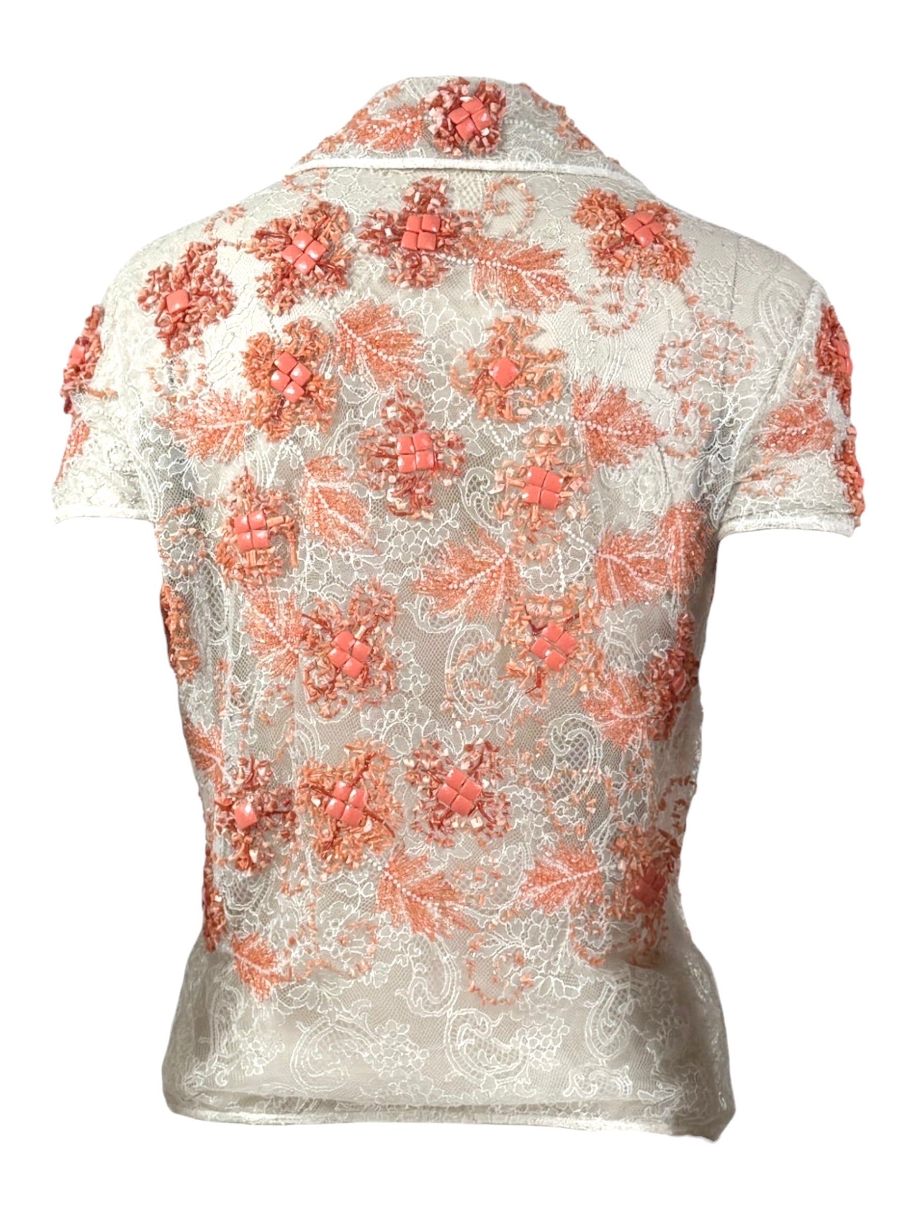 Valentino - Spring/Summer 2002  - Look 41 - Ecru lace top embroidered with coral beads