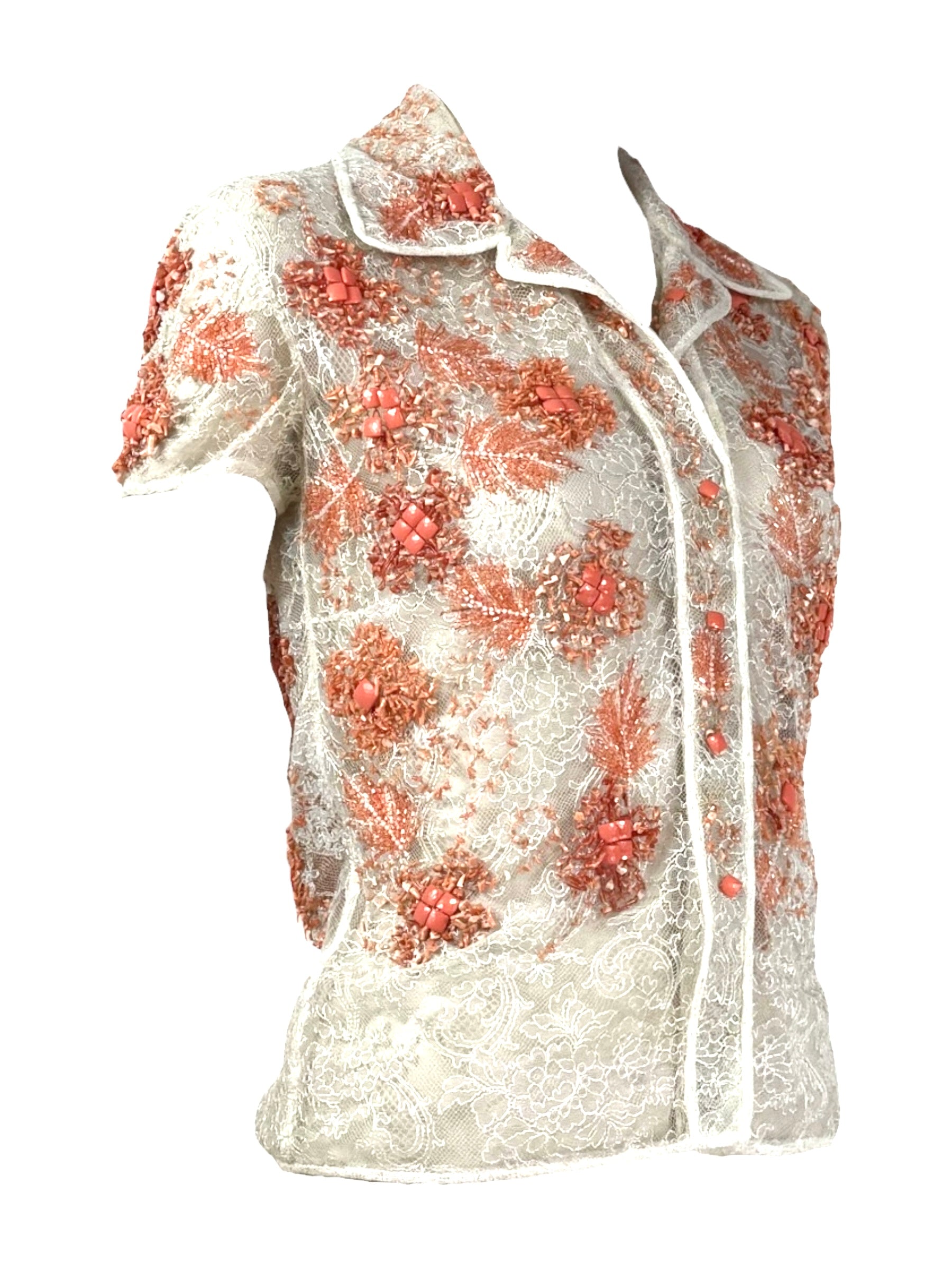 Valentino - Spring/Summer 2002  - Look 41 - Ecru lace top embroidered with coral beads