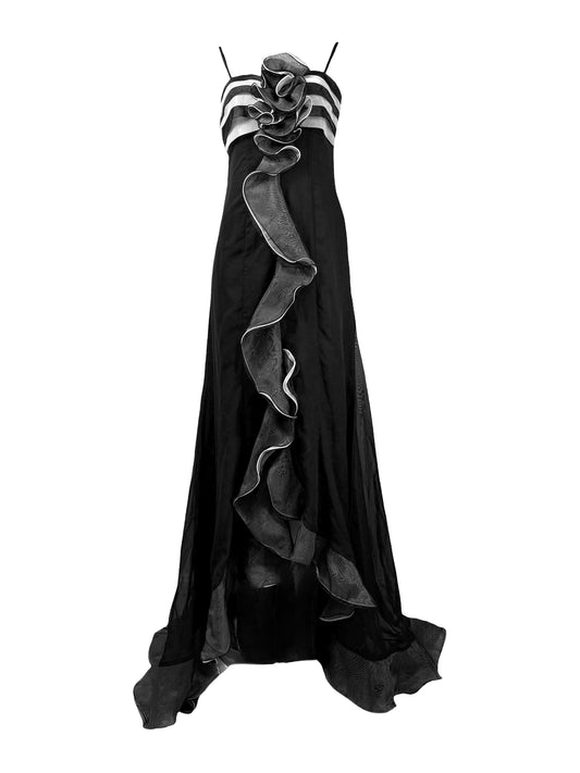 Valentino Boutique 1990 black white ruffle organza maxi dress