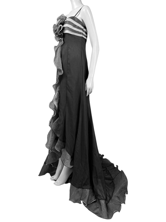 Valentino Boutique 1990 black white ruffle organza maxi dress