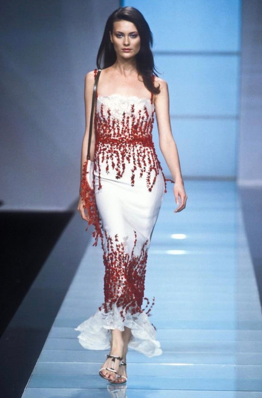 Valentino Boutique Spring 2000 Look 85 Maxi red roses lace dress