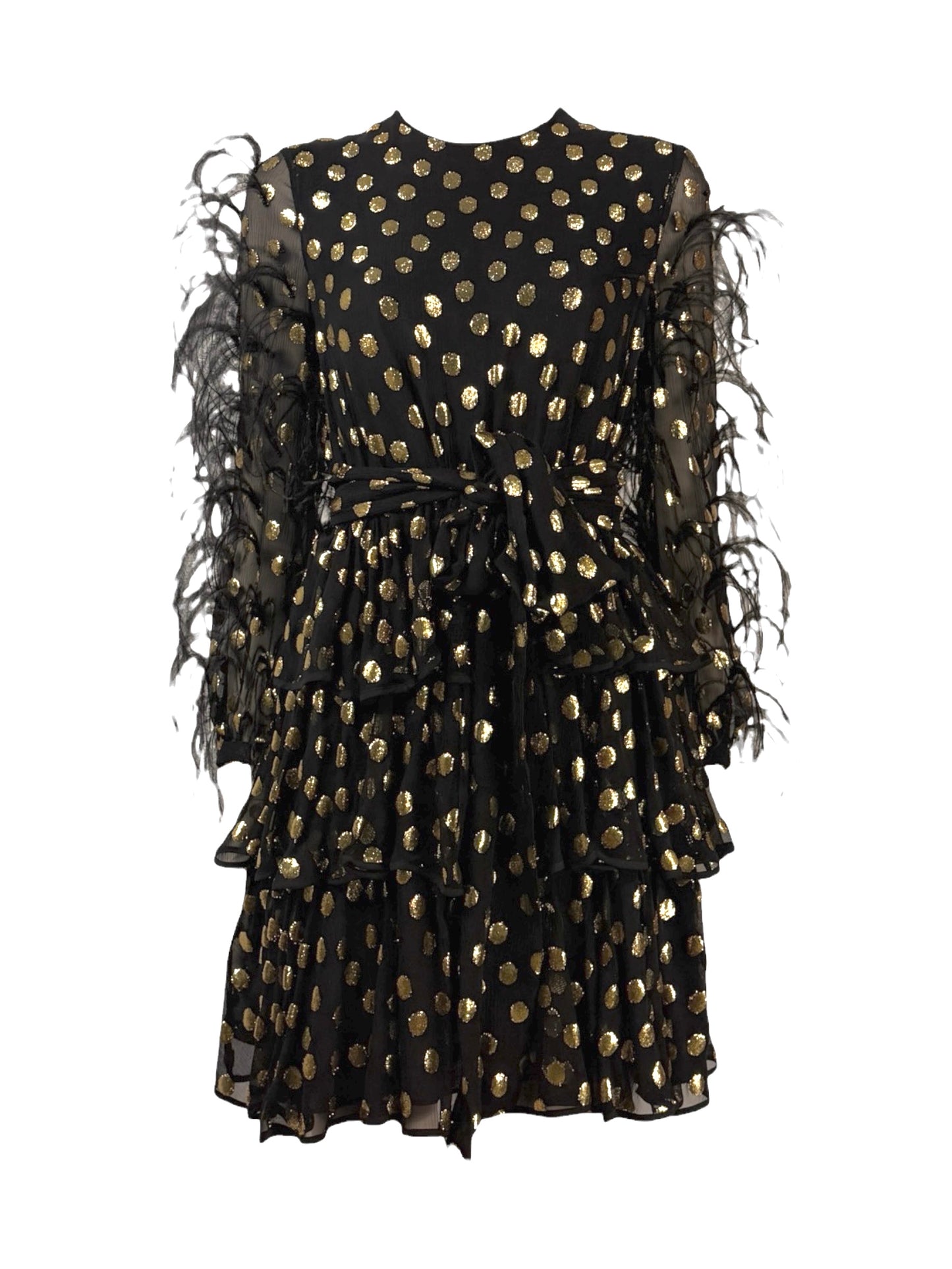 Valentino Pierpaolo Piccioli Pre-Fall 2018  Look 30 - Mini dress in black silk chiffon and gold plumetis, sleeves embellished with colored Marabou feathers 12