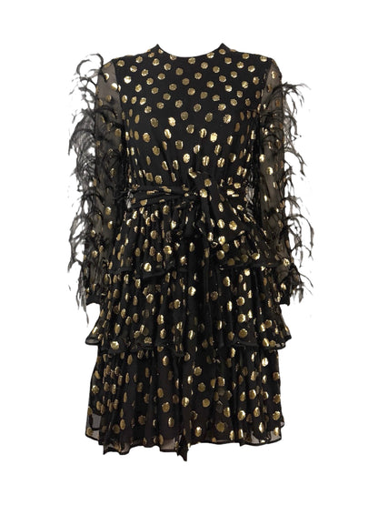 Valentino Pierpaolo Piccioli Pre-Fall 2018  Look 30 - Mini dress in black silk chiffon and gold plumetis, sleeves embellished with colored Marabou feathers 12