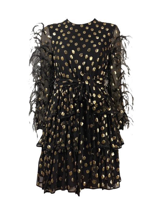Valentino Pierpaolo Piccioli Pre-Fall 2018  Look 30 - Mini dress in black silk chiffon and gold plumetis, sleeves embellished with colored Marabou feathers 12