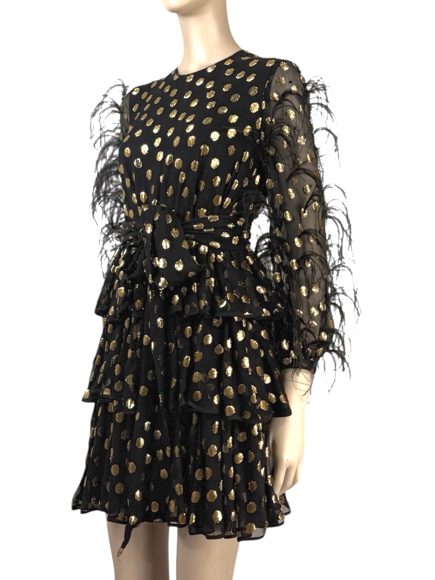 Valentino Pierpaolo Piccioli Pre-Fall 2018  Look 30 - Mini dress in black silk chiffon and gold plumetis, sleeves embellished with colored Marabou feathers 13
