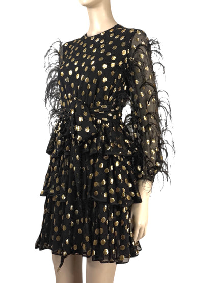 Valentino Pierpaolo Piccioli Pre-Fall 2018  Look 30 - Mini dress in black silk chiffon and gold plumetis, sleeves embellished with colored Marabou feathers 13