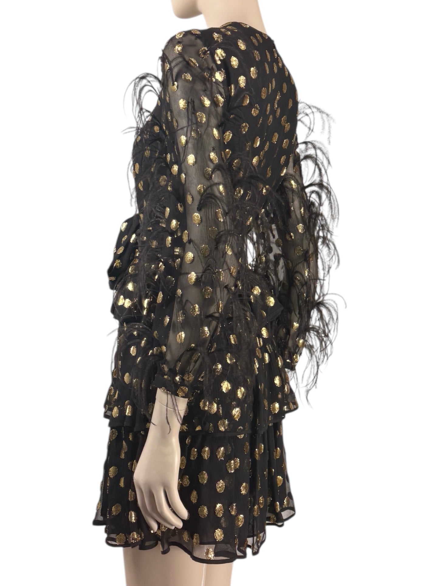 Valentino Pierpaolo Piccioli Pre-Fall 2018  Look 30 - Mini dress in black silk chiffon and gold plumetis, sleeves embellished with colored Marabou feathers 14