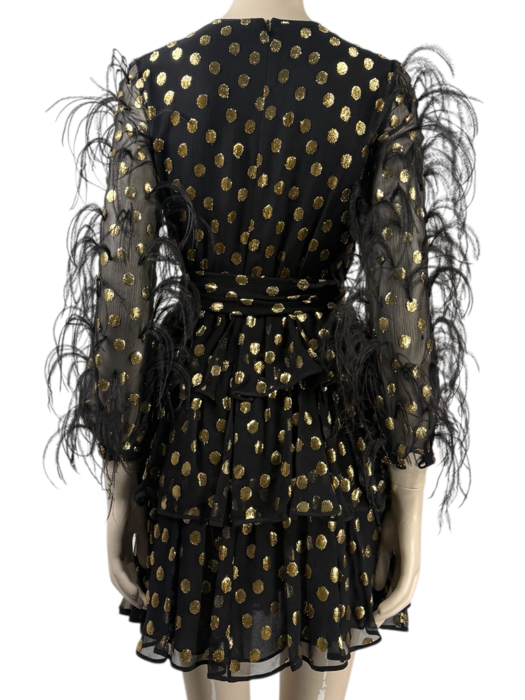 Valentino Pierpaolo Piccioli Pre-Fall 2018  Look 30 - Mini dress in black silk chiffon and gold plumetis, sleeves embellished with colored Marabou feathers 15