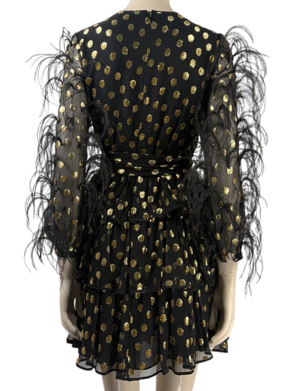 Valentino Pierpaolo Piccioli Pre-Fall 2018  Look 30 - Mini dress in black silk chiffon and gold plumetis, sleeves embellished with colored Marabou feathers 15