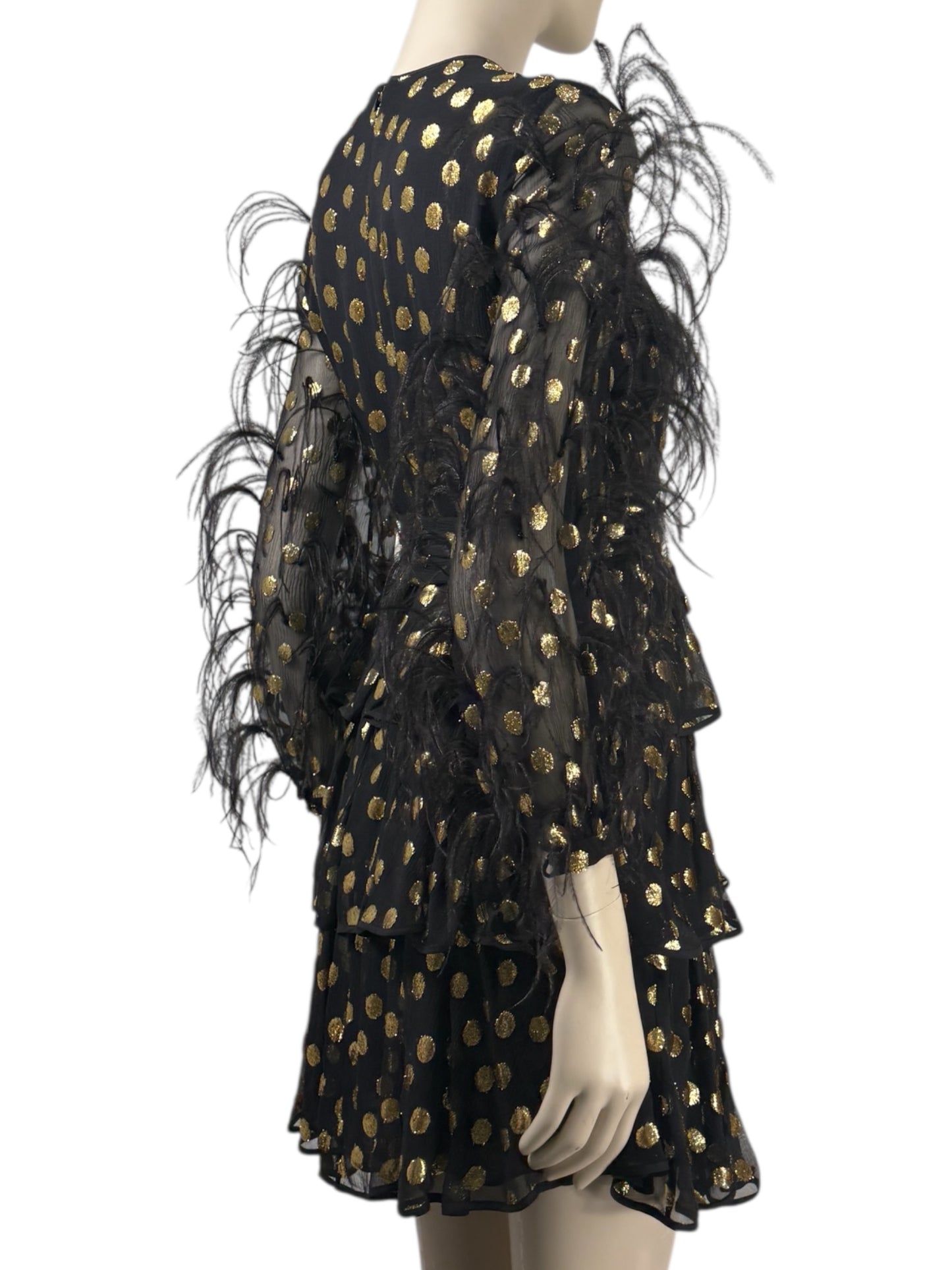 Valentino Pierpaolo Piccioli Pre-Fall 2018  Look 30 - Mini dress in black silk chiffon and gold plumetis, sleeves embellished with colored Marabou feathers 16