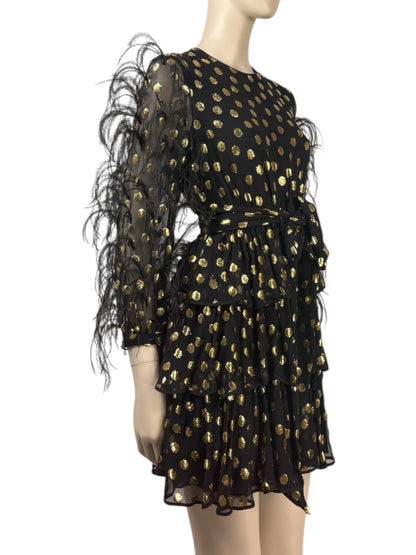 Valentino Pierpaolo Piccioli Pre-Fall 2018  Look 30 - Mini dress in black silk chiffon and gold plumetis, sleeves embellished with colored Marabou feathers 17