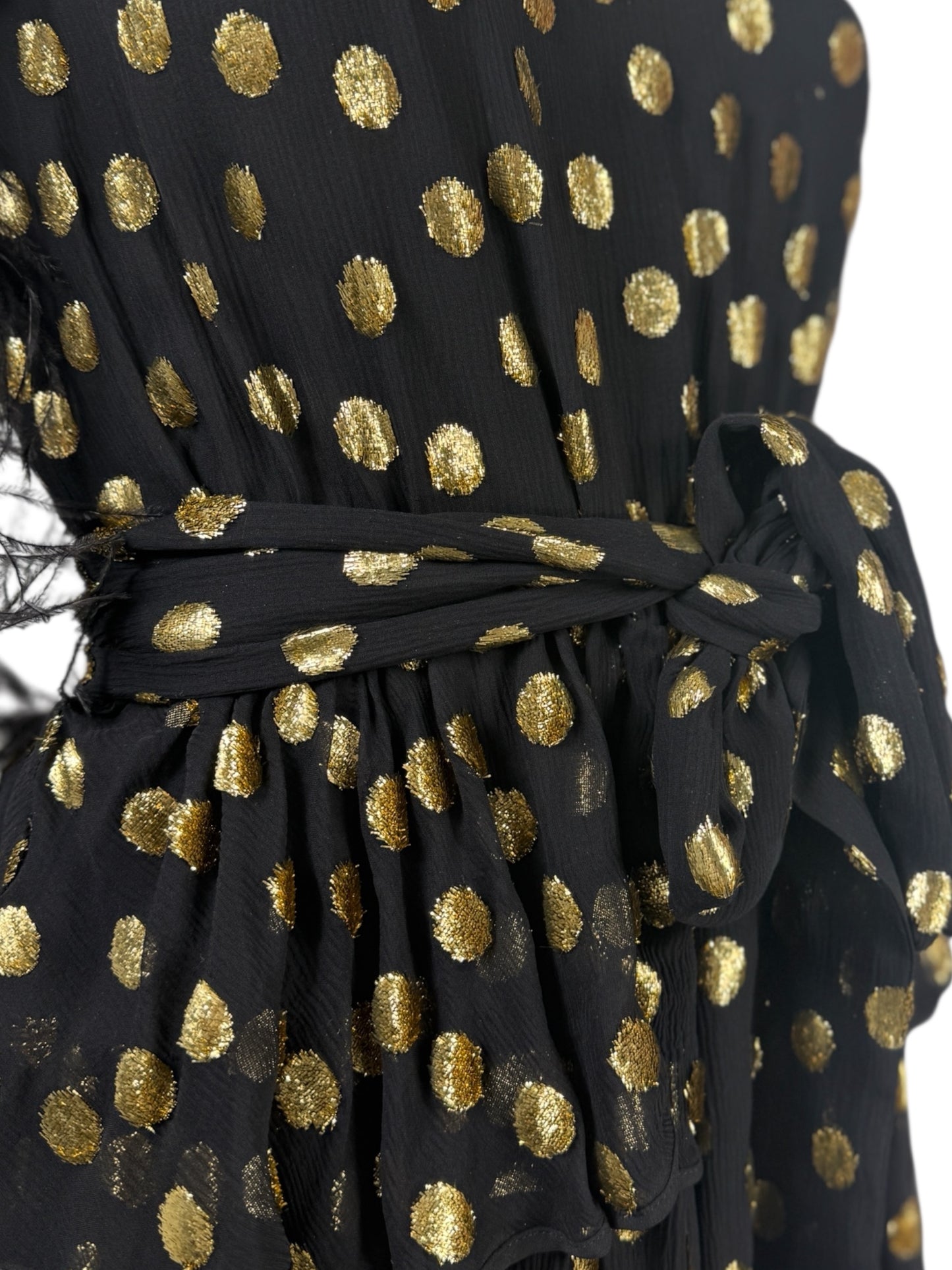 Valentino Pierpaolo Piccioli Pre-Fall 2018  Look 30 - Mini dress in black silk chiffon and gold plumetis, sleeves embellished with colored Marabou feathers 18