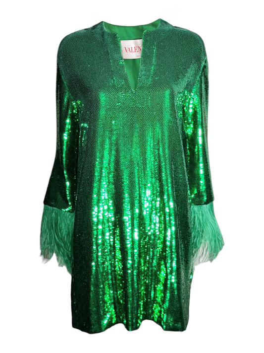 Valentino Pierpaolo Piccioli Resort 2022 Look 12 Mini green sequined dress feathers