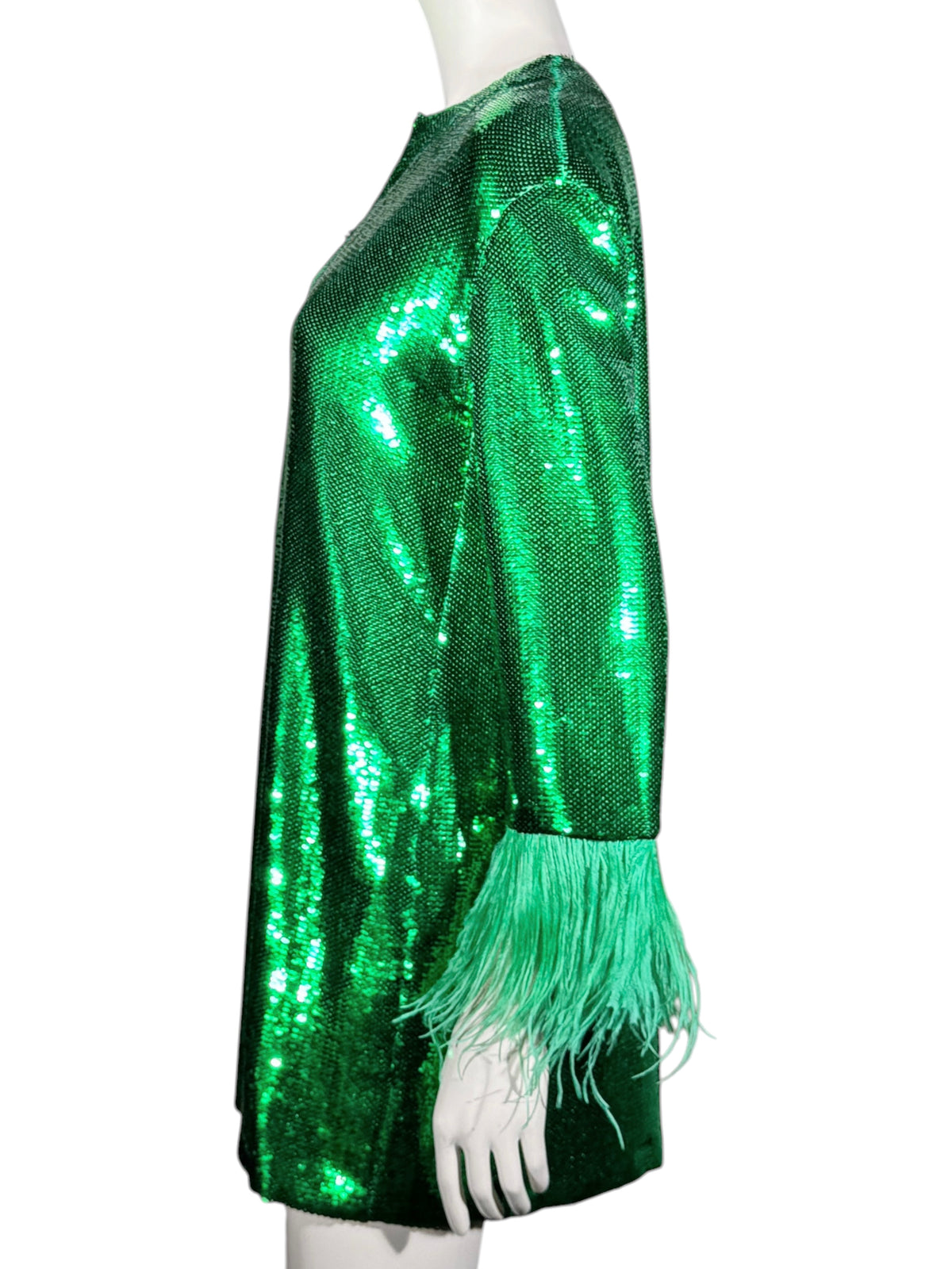 Valentino Pierpaolo Piccioli Resort 2022 Look 12 Mini green sequined dress feathers