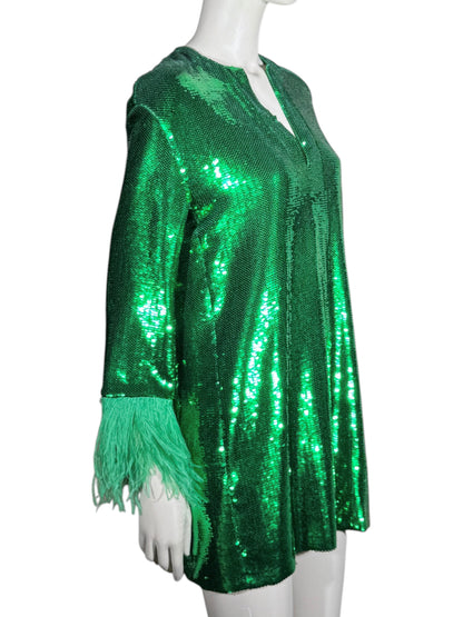 Valentino Pierpaolo Piccioli Resort 2022 Look 12 Mini green sequined dress feathers