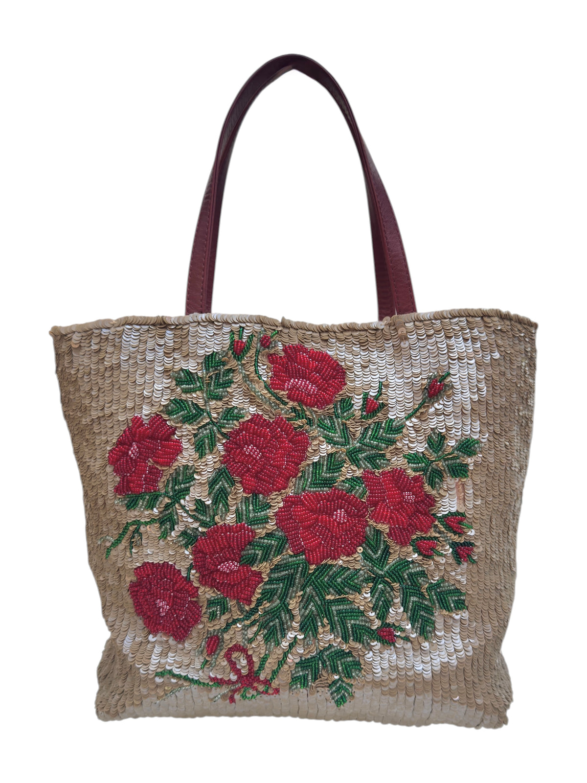 Valentino Spring 2000 Beige sequined red roses sequined tote bag