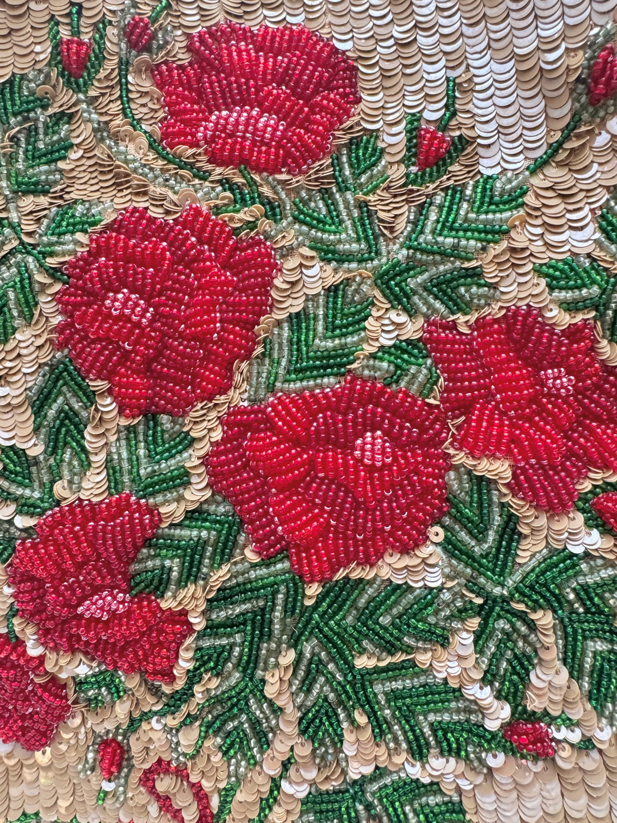 Valentino Spring 2000 Beige sequined red roses sequined tote bag