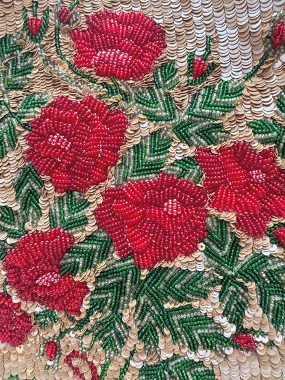 Valentino Spring 2000 Beige sequined red roses sequined tote bag